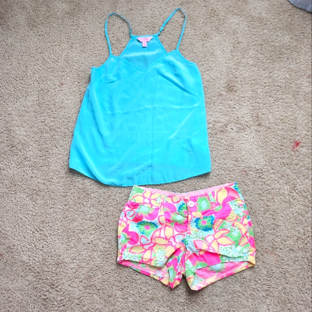 Lilly Pulitzer Callahan Shorts Hot Pink Floral Size 00 + FREE Silk Top Blue Tank